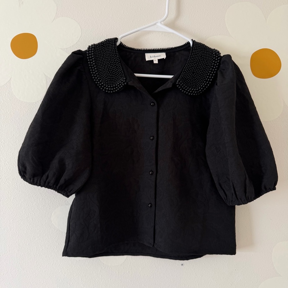 Bohme Black Pearl Collared Textured Floral Button Up Puff Sleeve Blouse - Picture 4 of 11